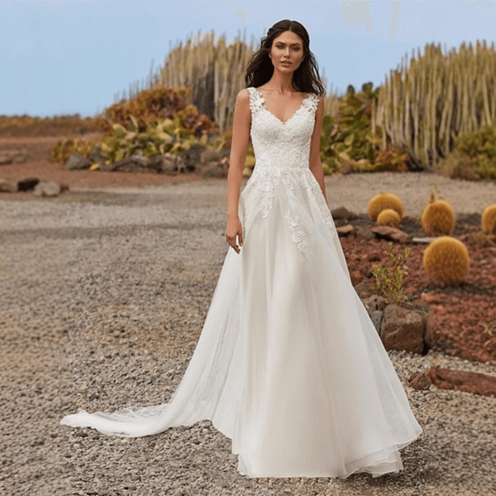 A line wedding dresses | V neck lace with train