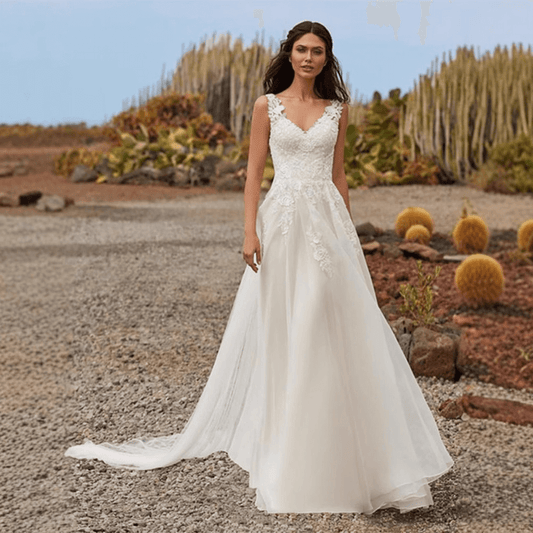 A line wedding dresses | V neck lace with train