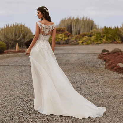 A line wedding dresses | V neck lace with train