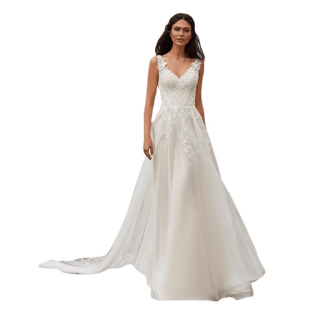 A line wedding dresses | V neck lace with train