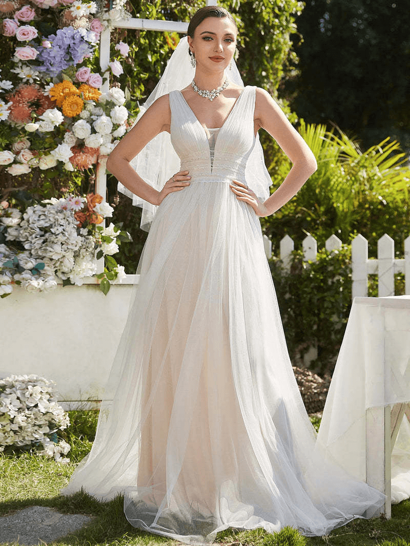 Sleeveless V-neck A-line wedding dress