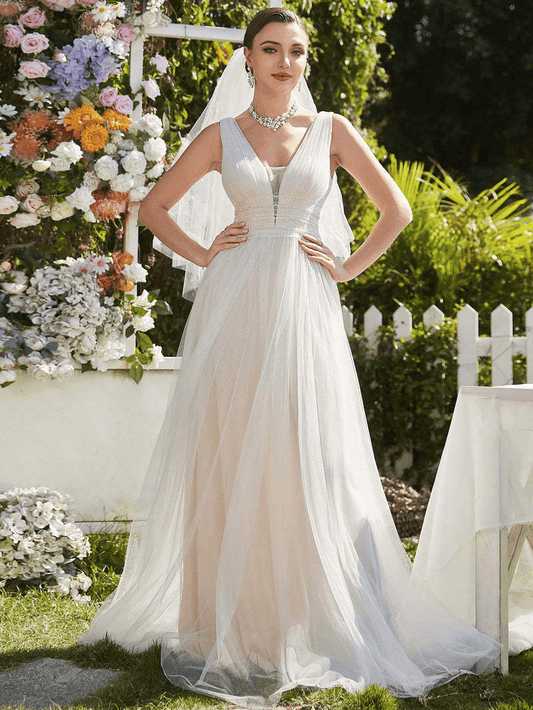 Sleeveless V-neck A-line wedding dress