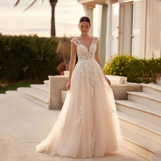 Lace a line wedding dress v neck