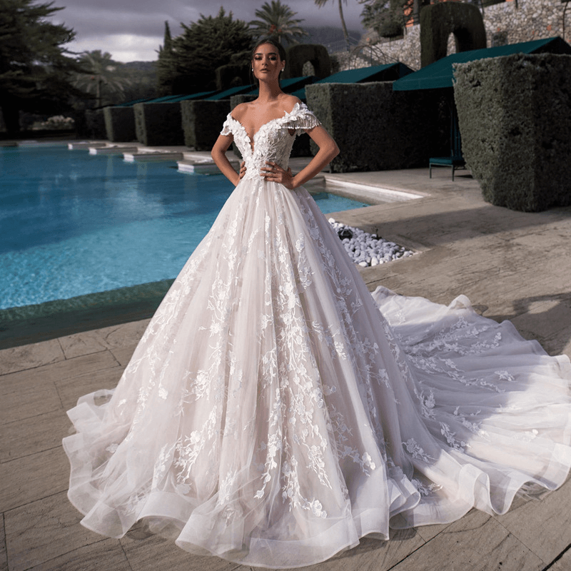 V neck off shoulder wedding dress with tassel | A line wedding dresses