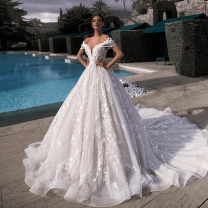 V neck off shoulder wedding dress with tassel | A line wedding dresses