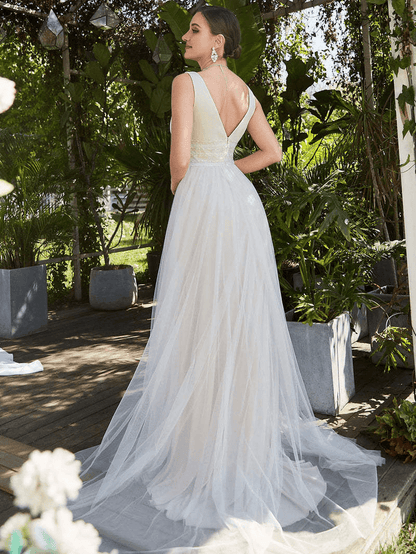 Sleeveless V-neck A-line wedding dress
