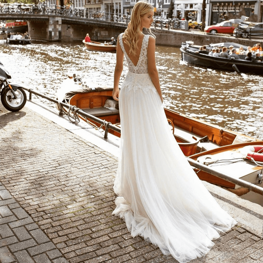 Lace a line wedding dress | simple wedding dress | V-NECK