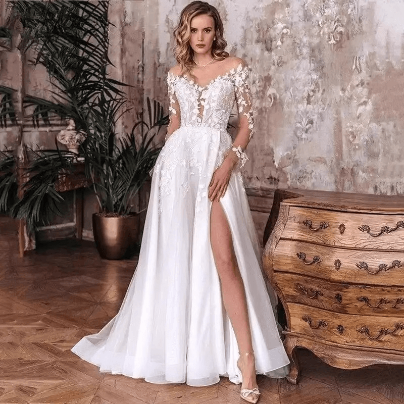 Simple elegant a line wedding dress with sleeves