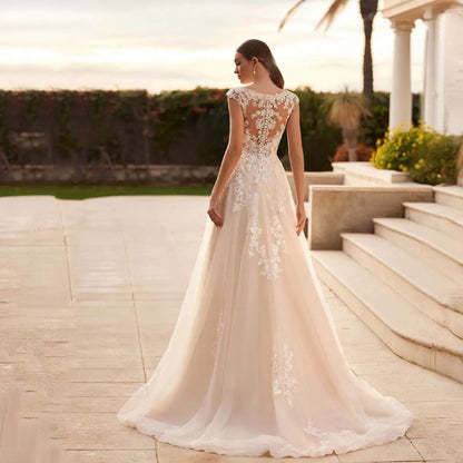 Lace a line wedding dress v neck