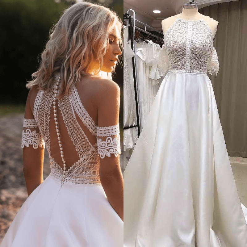 Satin lace a line wedding dress