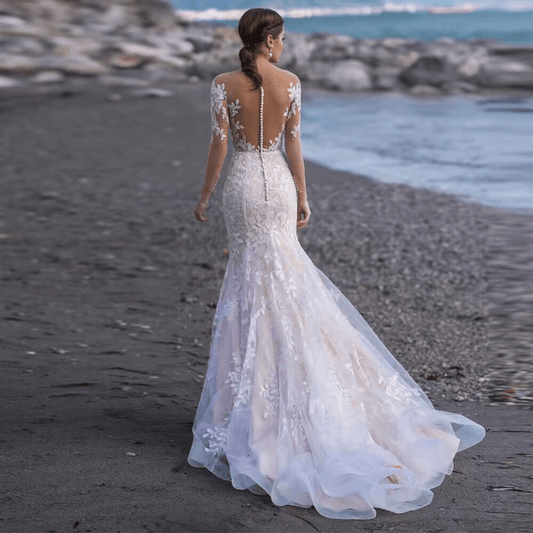V neck long sleeve mermaid wedding dress