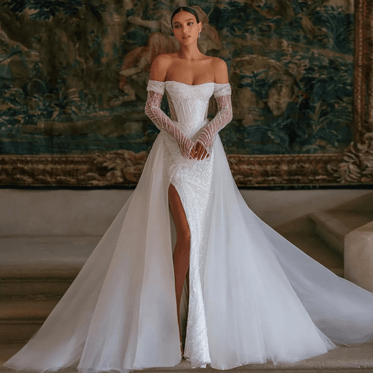 Off shoulder long sleeve mermaid wedding dress