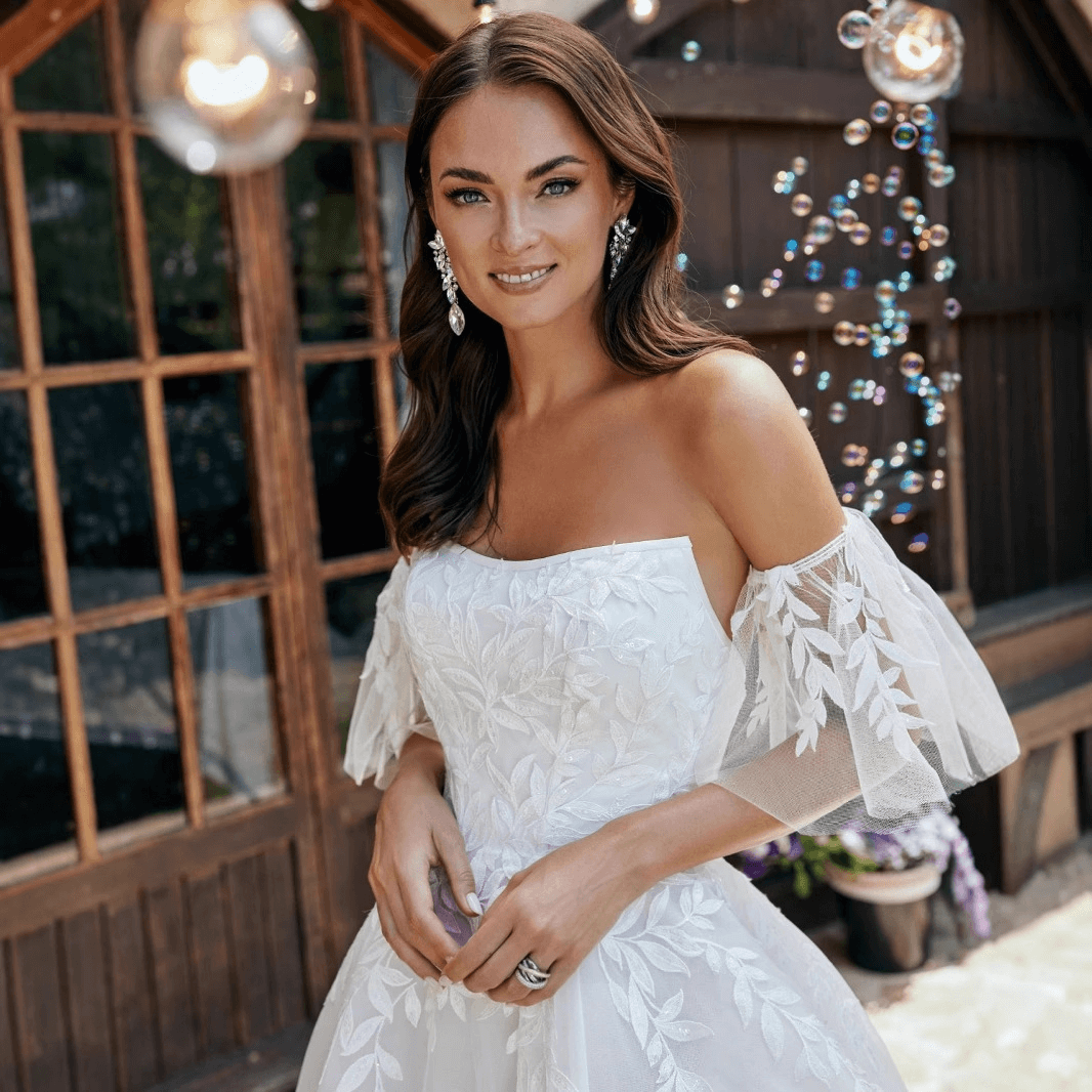 Off the shoulder wedding dress | A-line backless