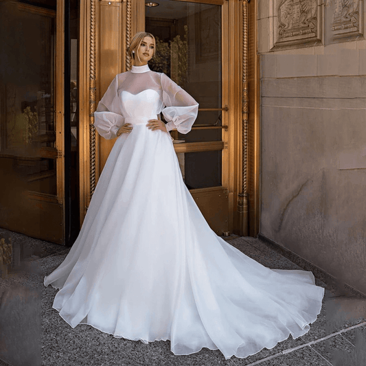 Puff sleeve wedding dress | bow on wedding dress |small train