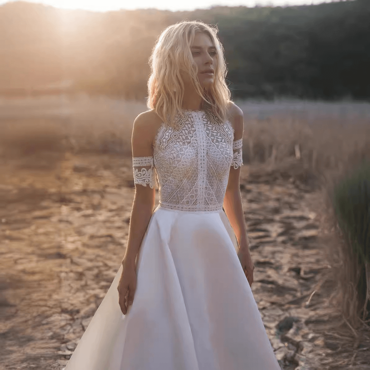 Satin lace a line wedding dress
