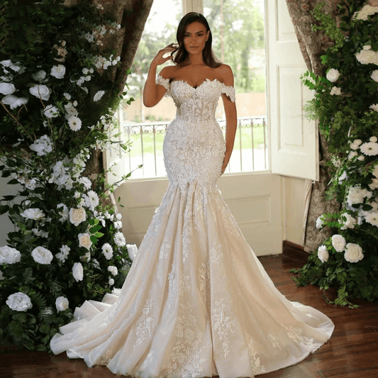 Mermaid wedding dress | Lace ivory wedding dress | Off shoulder
