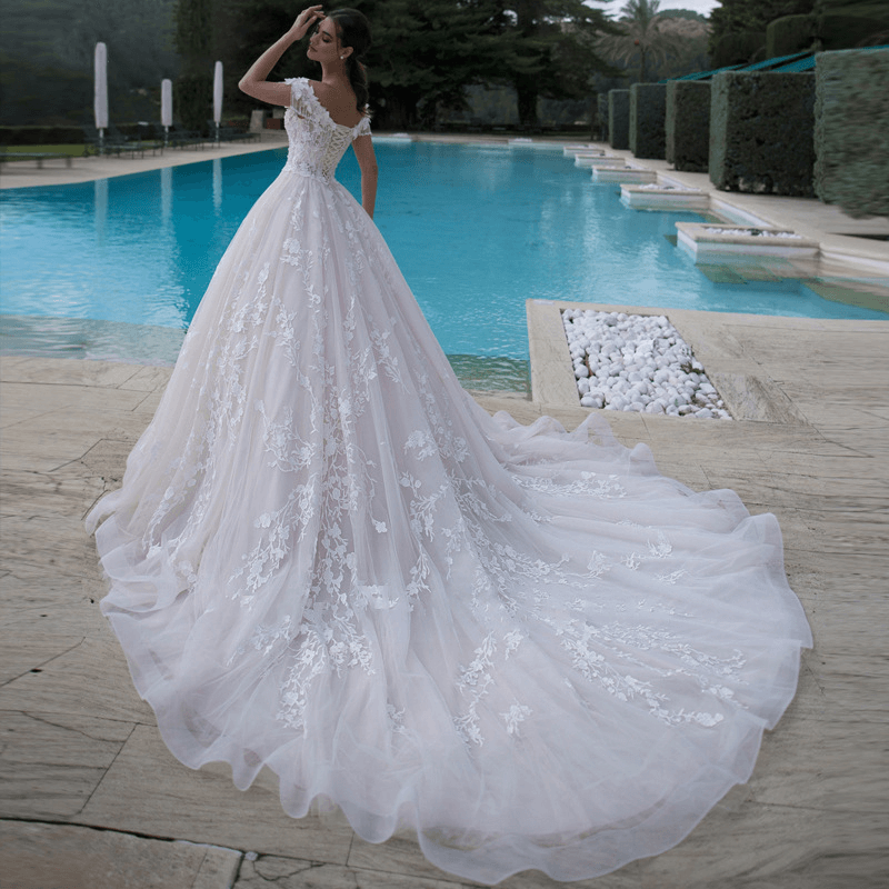 V neck off shoulder wedding dress with tassel | A line wedding dresses